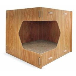 Griffoir d'angle en bois et carton pour chats avec herbe à chat