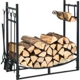 Costway - 36' Porte-bûche en Fer avec 4PCS Serviteurs de Cheminée Support Amovible, Range-bûche