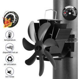 Ventilateur de poêle à 7 lames avec thermometre, Ventilateur de cheminée noir pour poêle à bois à