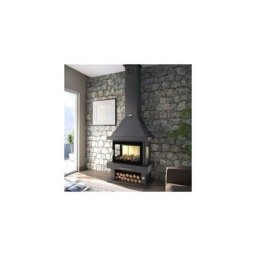 Cheminée à bois en acier, 3 cotés vitrés porte sérigraphiée, bûcher inférieur 15 Kw