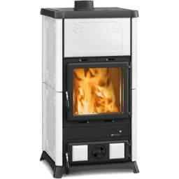 Poele a' bois La Nordica Extraflame avec revetement en majolique blanche Fedora 9,6 kW 238 m