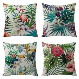 Lot de 4 Housses de Coussin Décoratives motif plantes oiseaux tropicaux decoration pour Canapé