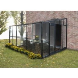 Serre / Véranda adossée 126 - 7,3 m² verre trempé 4 mm. Aluminium laqué vert - Sans Base - Porte à
