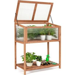 COSTWAY Mini Serre de Jardin sur Pied en Bois avec Couvercle Ouvrant Charnière Etagère à Lattes