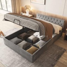 Lit softback 140 x 200 cm Lit avec Boîte Velours Tissu Rayonnage Lit Double avec Rangement, Pieds