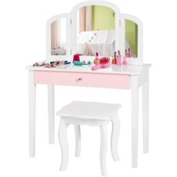 Coiffeuse pour Enfants 2 en 1 avec Miroir Amovible et Pliable, 1 Grand Tiroir Style Princesse Blanc