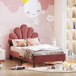Lit capitonné 90 x 200 cm - avec sommier, tête de lit florale, lit simple en velours - rouge haricot