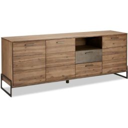 Maro Buffet 3 portes, 2 tiroirs, 1 espace ouvert, marron, bois d'acacia, métal gris.