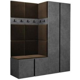 Ensemble entrée Hartford 266, Béton + Noir, 186x158x46cm, Marron, Béton, Stratifié, Tapisserie,