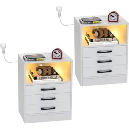 Lot de 2 table de chevet,table de nuit blanche,table de chevet 3 tiroirs et Station de Charge l 40