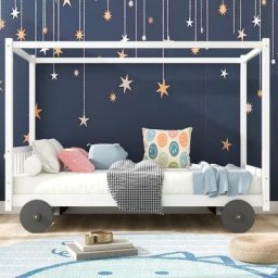 Merax - Lit cabane enfant 90x200cm en forme de voiture avec roues et rideaux de lit, Cadre en pin,