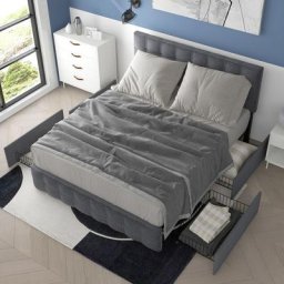 Lit double capitonné 140 x 200 cm - avec 4 tiroirs, sommier, lattes métal, tête de lit réglable en