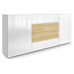 Buffet Commode Dressoir Crédence Rova en Blanc - haute brillance & tons naturels - Blanc haute
