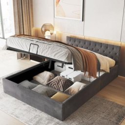 Lit coffre double 140x200 cm - avec sommier à lattes, tête de lit capitonnée, housse velours - Gris