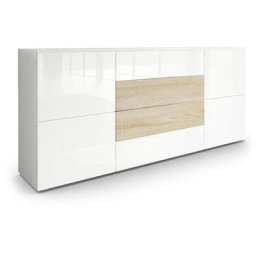 Buffet Commode Dressoir Crédence Rova en Blanc - haute brillance & tons naturels - Blanc haute