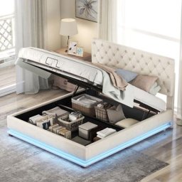 Lit coffre double 140 x 200 cm avec éclairage led, tête de lit réglable en hauteur, sommier à