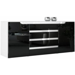 Buffet Commode Dressoir Crédence Sylt en Blanc - haute brillance & tons naturels - Noir haute