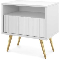 Bello - Table de chevet avec un tiroir - façade à lamelles - blanc avec pieds dorés - Selsey