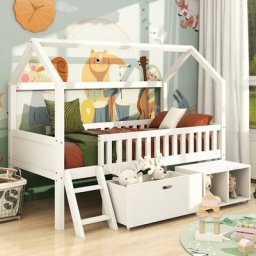 Lit cabane Lit enfant Lit ado 200x90cm avec tiroirs et compartiments de rangement, avec rails