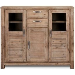 Alana Vitrine avec 3 portes et 2 tiroirs, en bois d'acacia teinté brun, livrée prête à l'emploi.