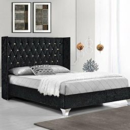 Lit Capitonné Grand Tête De Lit Focuse - Noir - 160x200, Velours Broyé, Style Baroque, 213 x 171 x