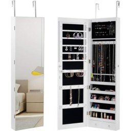 Armoire a Bijoux avec Eclairage led, Miroir Plein sans Cadre et 2 Tiroirs, Fixer au Mur ou a
