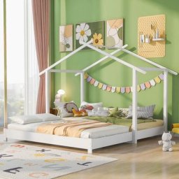 Lit cabane enfant 90 x 190 cm, avec lit gigogne convertible, sommier à lattes en bois massif, pour