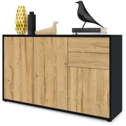 Vladon - Commode Armoire Dressoir Crédence Ben V3 Noir mat - haute brillance - Façades en Chêne