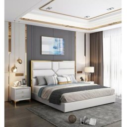 Lit Coffre Design Effet Laiton Dalia - Blanc - 140x190, Polyuréthane, Style Art déco, 203 x 150 x