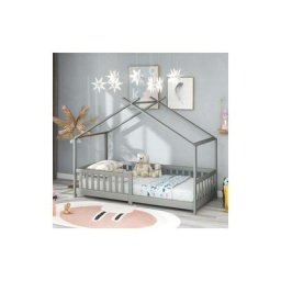 Grosmonde - Lit cabane enfant 90 x 200 cm Beau lit de maison ,bois massif avec barrière et sommier,