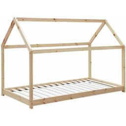Lit cabane Montessori, bois massif en pin naturel - Tobias - sommier inclus, 90 x 190 cm - Naturel