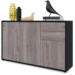 Commode Armoire Dressoir Crédence Ben V3 Noir mat - haute brillance - Façades en Chêne Nordique