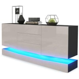 Buffet Commode Dressoir Crédence City en Noir - haute brillance & tons naturels - Façades en Gris