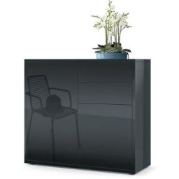 Commode Armoire Dressoir Crédence Ben Noir mat - haute brillance & tons naturels - Façades en Noir