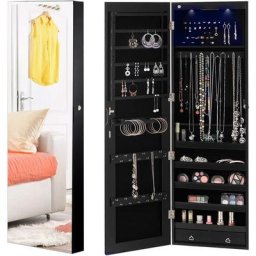 Armoire a Bijoux avec Eclairage led, Miroir Plein sans Cadre et 2 Tiroirs, Fixer au Mur ou a