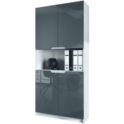 Vladon - Armoire de bureau haute Rangement Logan V2 Blanc mat - haute brillance - Façades en Gris