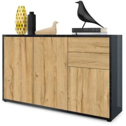 Vladon Commode Armoire Dressoir Crédence Ben V3 Noir mat - haute brillance - Façades en Chêne
