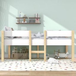 Lit mi-hauteur 90 x 200 cm enfant - Bois de pin massif - Blanc/Bois - Sommier inclus
