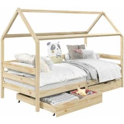 Lit cabane clia lit simple pour enfant 90 x 200 cm rangement 2 tiroirs et barrières de protection