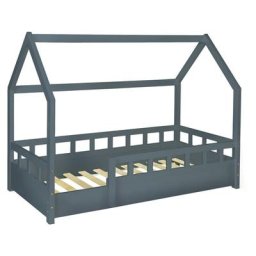 Lit cabane enfant 80 x 160 cm neree gris avec sommier et barrières - Gris