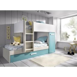 Lits superposés Crystal pour deux enfants Blanc mat Bleu clair et chêne gris avec armoire Blanc,