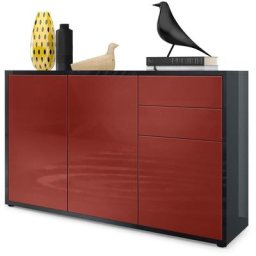 Commode Armoire Dressoir Crédence Ben V3 Noir mat - haute brillance - Façades en Bordeaux haute