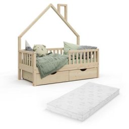 Lit cabane ""Noemi 70x140cm Nature avec matelas et 2 tiroirs Vitalispa