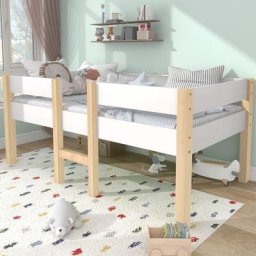 Merax - Lit mi-hauteur 90 x 190 cm enfant - Bois de pin massif - Blanc/Bois - Sommier inclus