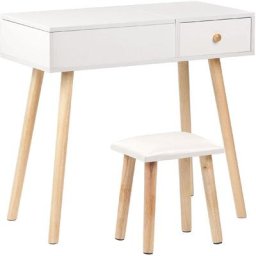 Coiffeuse Blanche en Bois 1 Tiroir Miroir Relevable et Tabouret Scandinave Bollene - Blanc
