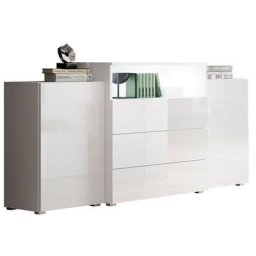 Commode Sarasota 127, Blanc + Blanc brillant, Avec tiroirs et portes, 81x150x39cm - Blanc + Blanc