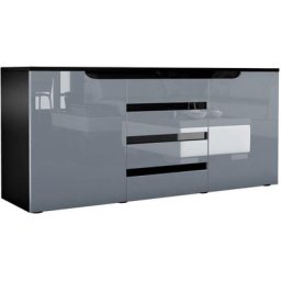 Buffet Commode Dressoir Crédence Sylt en Noir - haute brillance & tons naturels - Gris haute