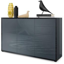 Commode Armoire Dressoir Crédence Ben V3 Noir mat - haute brillance - Façades en Gris haute