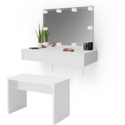 Coiffeuse murale ""Alessia"" Blanc avec banc et éclairage led Vicco