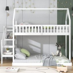 Lit cabane enfant 90x200cm / 120x200cm - avec escalier d'angle, antichute, sommier à lattes en pin,